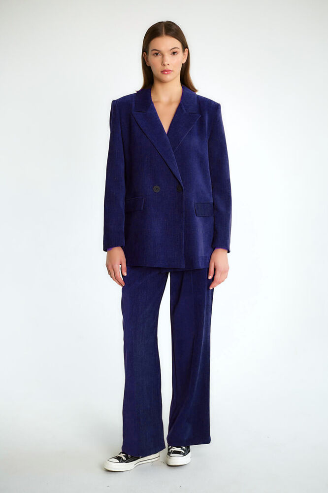 Çift Düğmeli Oversize Blazer Ceketli Pantolonlu Takım - Lacivert - 1