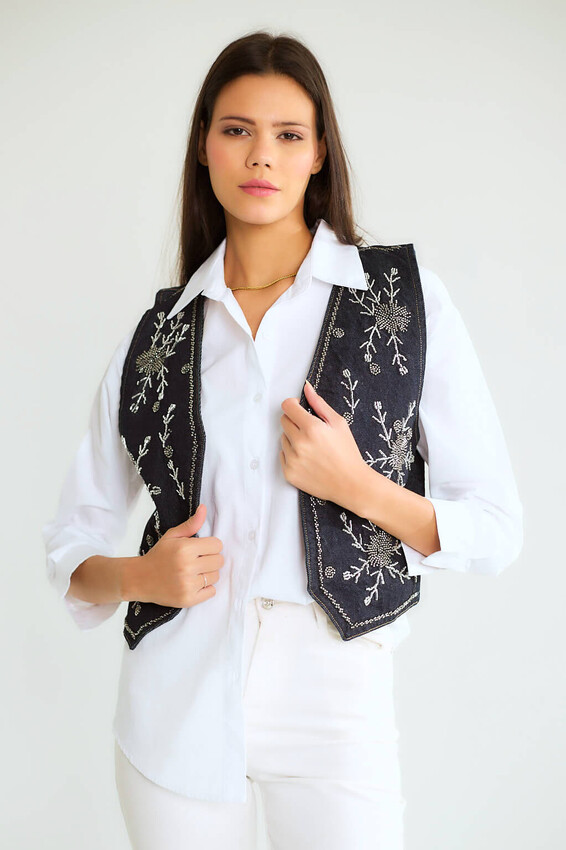 Nakışlı Denim Yelek Detaylı Gömlek - Lacivert-Beyaz