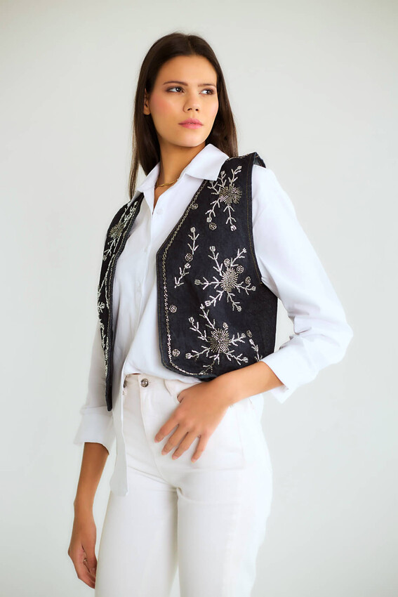 Nakışlı Denim Yelek Detaylı Gömlek - Lacivert-Beyaz - 2