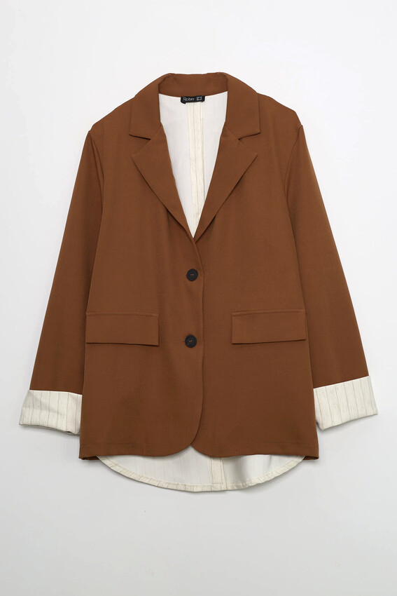 Çizgili Astarlı Oversize Blazer - Moka - 4