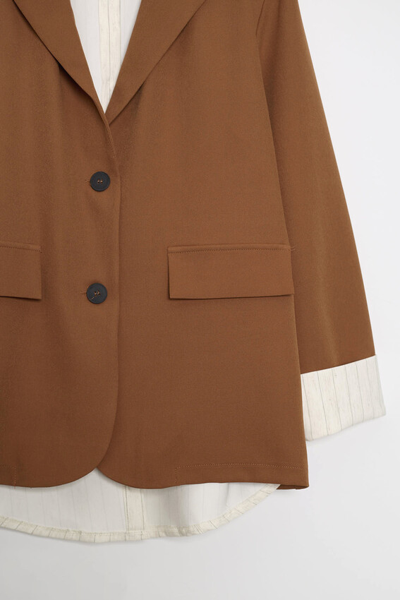 Çizgili Astarlı Oversize Blazer - Moka - 5
