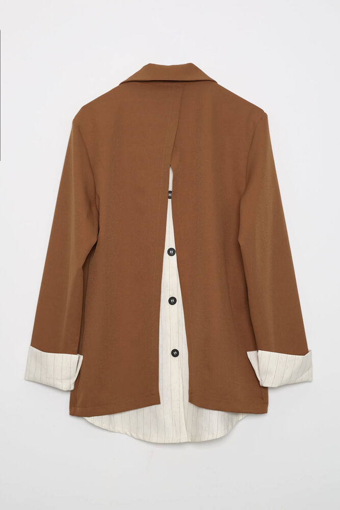 Çizgili Astarlı Oversize Blazer - Moka - 6