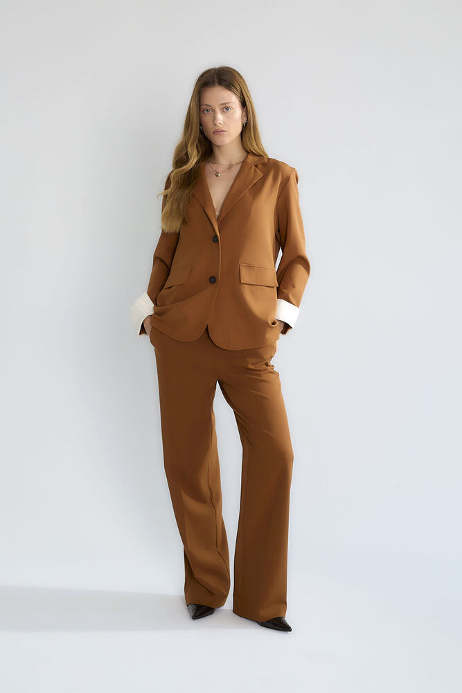 Çizgili Astarlı Oversize Blazer - Moka - 1