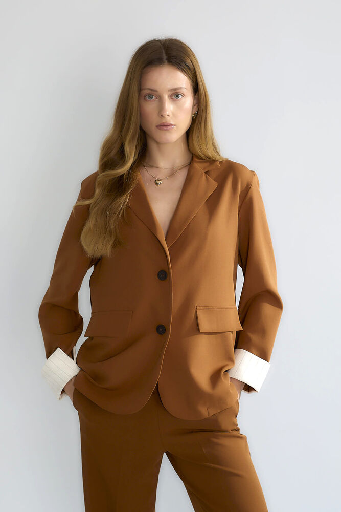 Çizgili Astarlı Oversize Blazer - Moka - 3