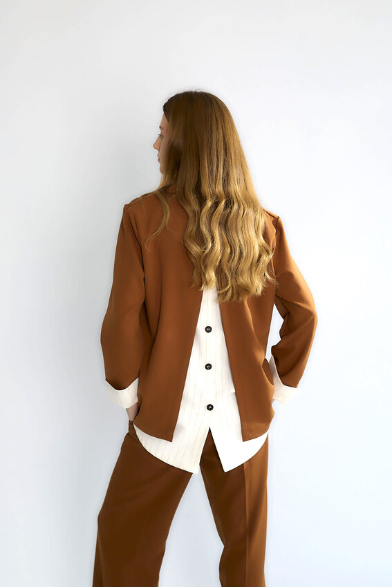 Çizgili Astarlı Oversize Blazer - Moka - 2