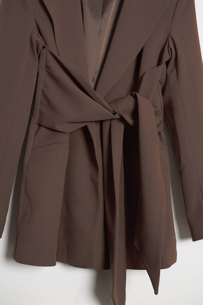 Kuşak Detaylı Kruvaze Yaka Blazer - Moka - 2