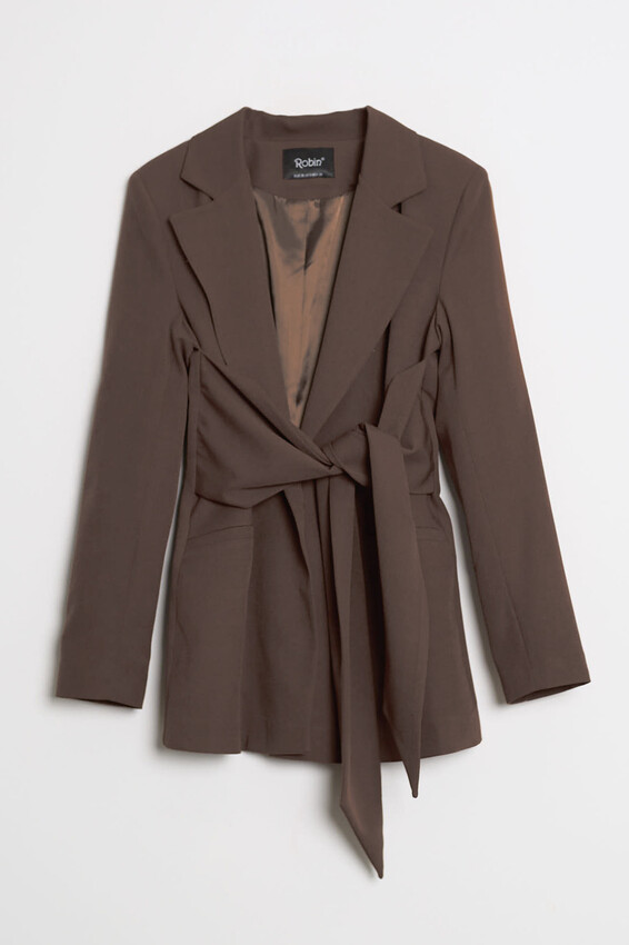 Kuşak Detaylı Kruvaze Yaka Blazer - Moka