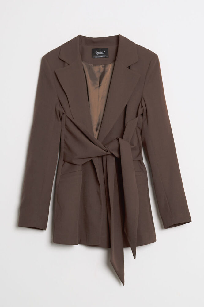Kuşak Detaylı Kruvaze Yaka Blazer - Moka - 1