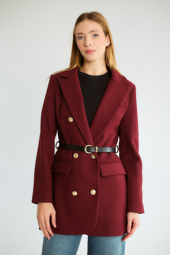 Kemerli Çift Sıra Altın Düğmeli Uzun Blazer - Mürdüm