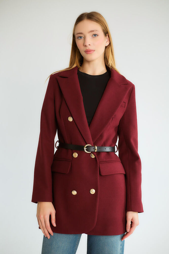Kemerli Çift Sıra Altın Düğmeli Uzun Blazer - Mürdüm - 1