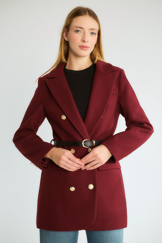 Kemerli Çift Sıra Altın Düğmeli Uzun Blazer - Mürdüm - 2