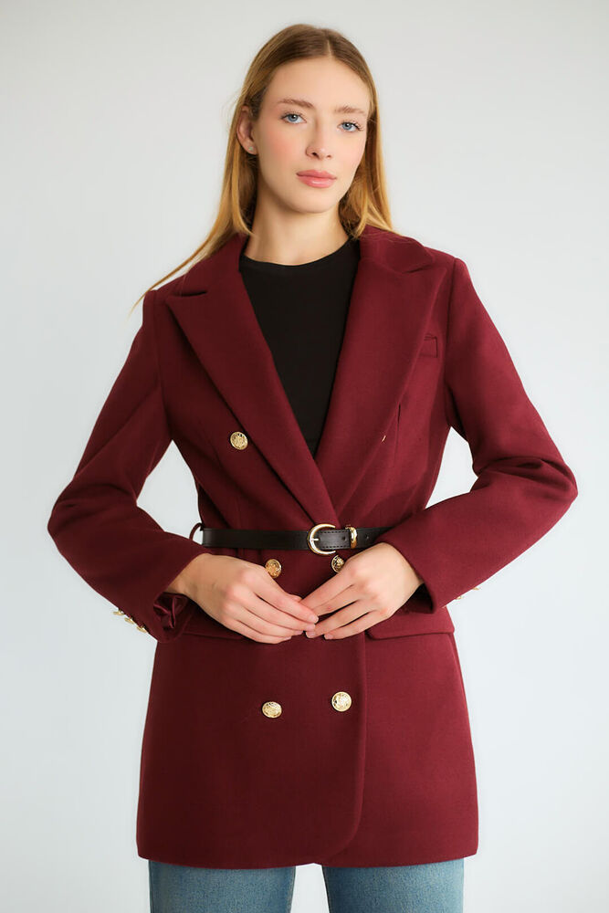 Kemerli Çift Sıra Altın Düğmeli Uzun Blazer - Mürdüm - 2