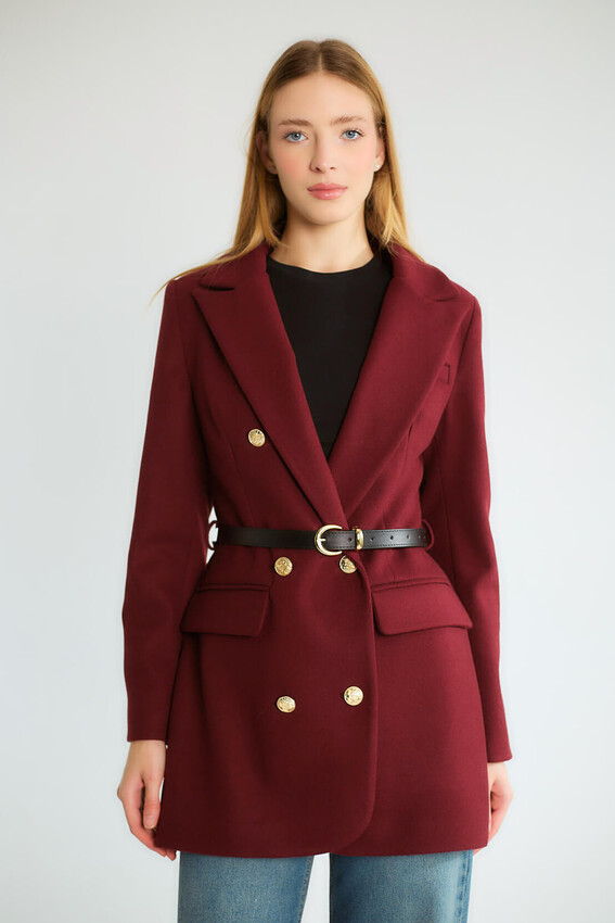 Kemerli Çift Sıra Altın Düğmeli Uzun Blazer - Mürdüm - 3