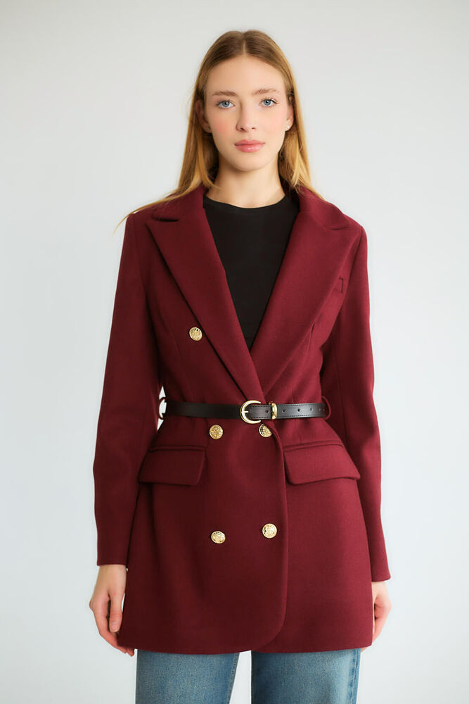 Kemerli Çift Sıra Altın Düğmeli Uzun Blazer - Mürdüm - 3