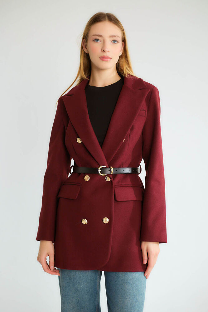 Kemerli Çift Sıra Altın Düğmeli Uzun Blazer - Mürdüm - 4