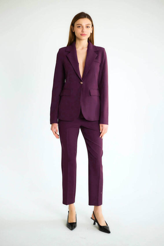 Tek Düğmeli Blazer Ceketli Dar Paça Pantolonlu Takım - Mürdüm