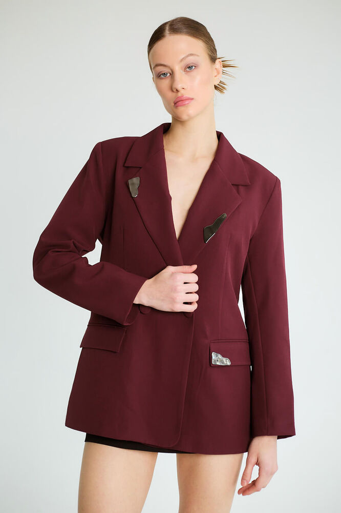 Taş Aksesuarlı Yaka Detaylı Blazer - Mürdüm - 1
