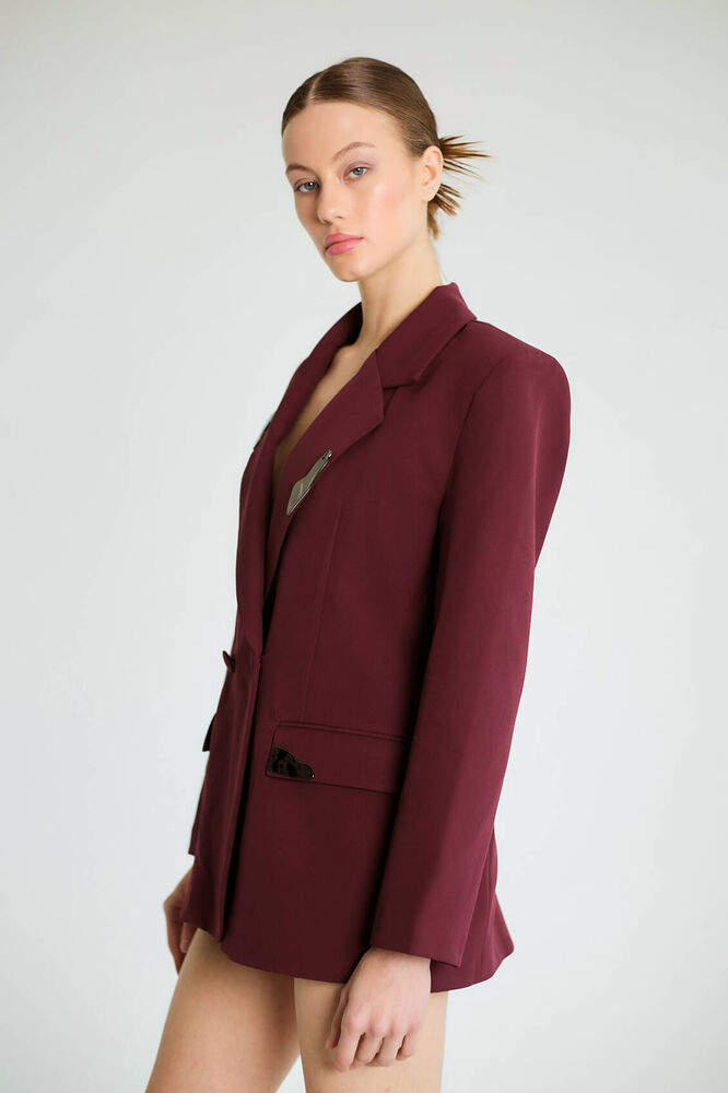 Taş Aksesuarlı Yaka Detaylı Blazer - Mürdüm - 3