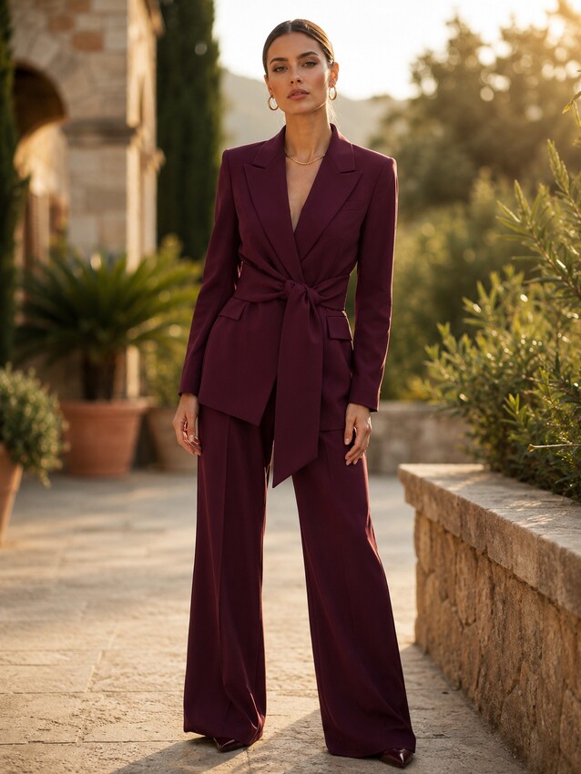 Kuşak Detaylı Kruvaze Yaka Blazer - Mürdüm