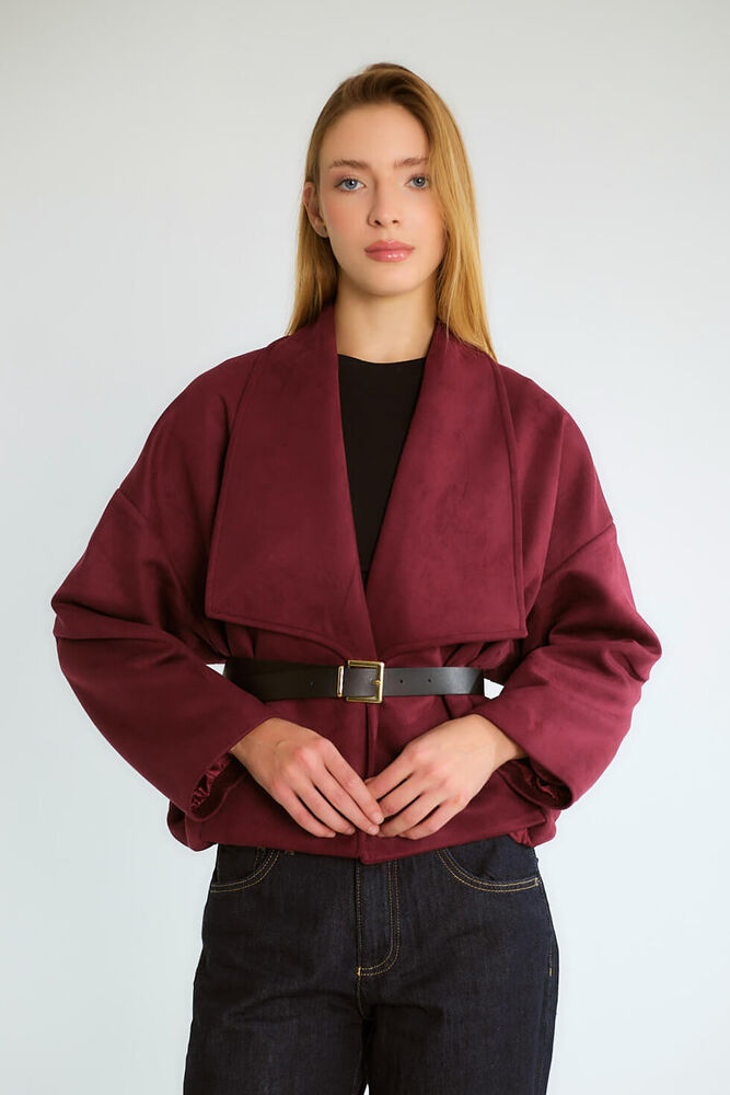 Kruvaze Yaka Kemerli Oversize Mont - Mürdüm - 1