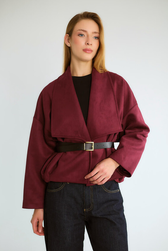 Kruvaze Yaka Kemerli Oversize Mont - Mürdüm - 2