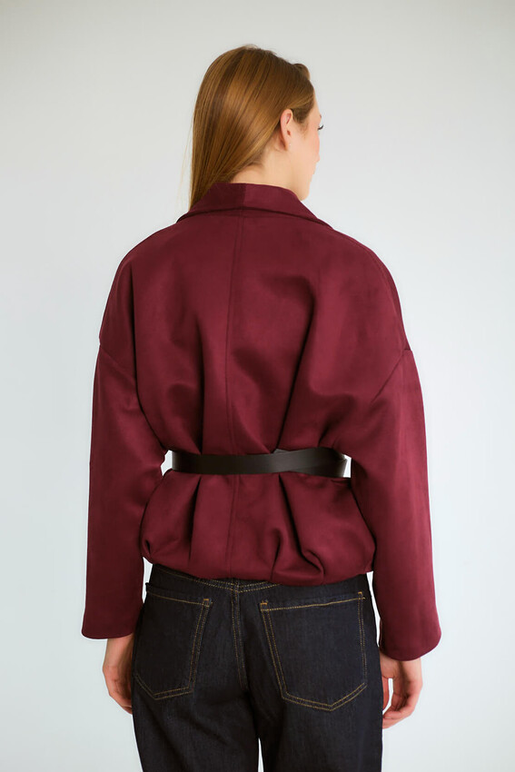 Kruvaze Yaka Kemerli Oversize Mont - Mürdüm - 5
