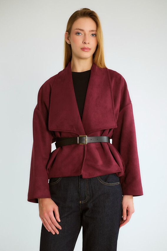 Kruvaze Yaka Kemerli Oversize Mont - Mürdüm - 4