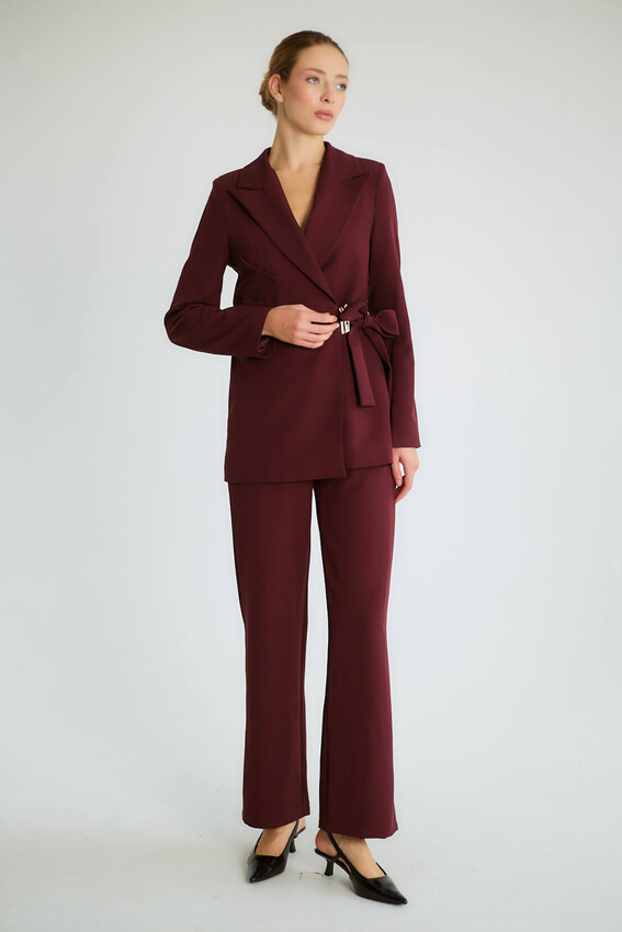 Kruvaze Kuşaklı Blazer Ceketli Pantolonlu Takım - Mürdüm