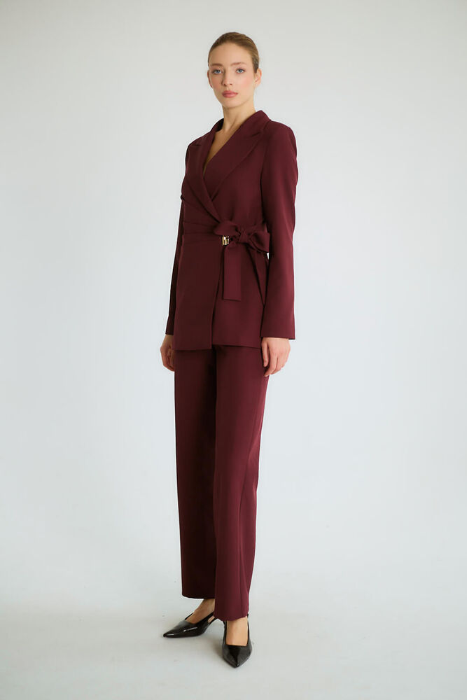Kruvaze Kuşaklı Blazer Ceketli Pantolonlu Takım - Mürdüm - 2
