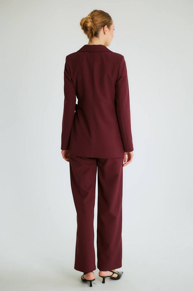 Kruvaze Kuşaklı Blazer Ceketli Pantolonlu Takım - Mürdüm - 4