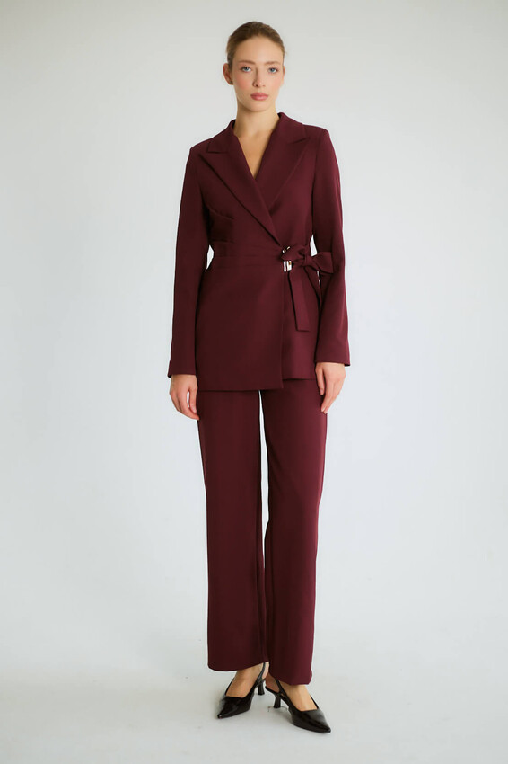 Kruvaze Kuşaklı Blazer Ceketli Pantolonlu Takım - Mürdüm - 3