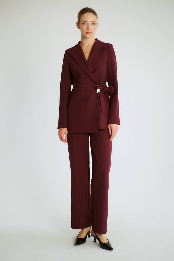 Kruvaze Kuşaklı Blazer Ceketli Pantolonlu Takım - Mürdüm - 3