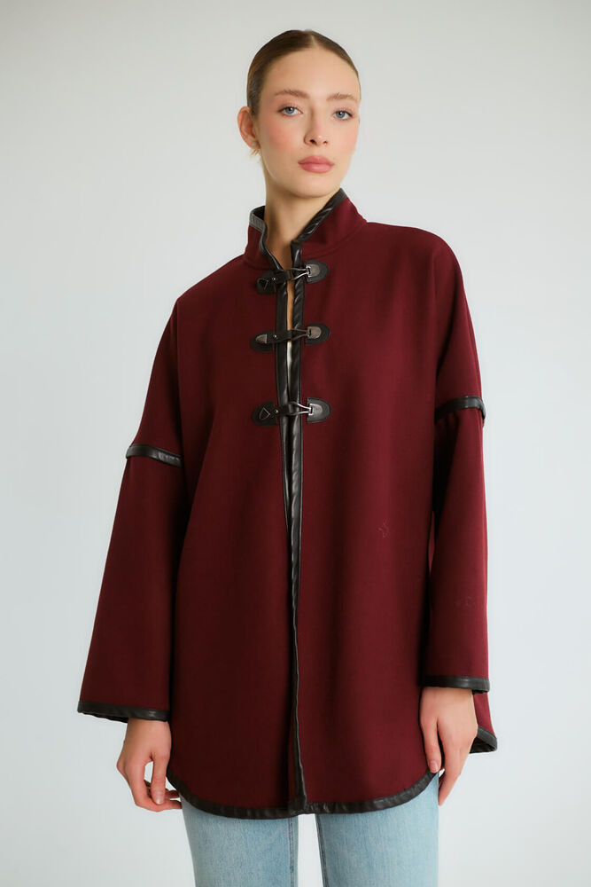 Mandarin Yaka Çıtçıtlı Pelerin Tipi - Mürdüm - 1