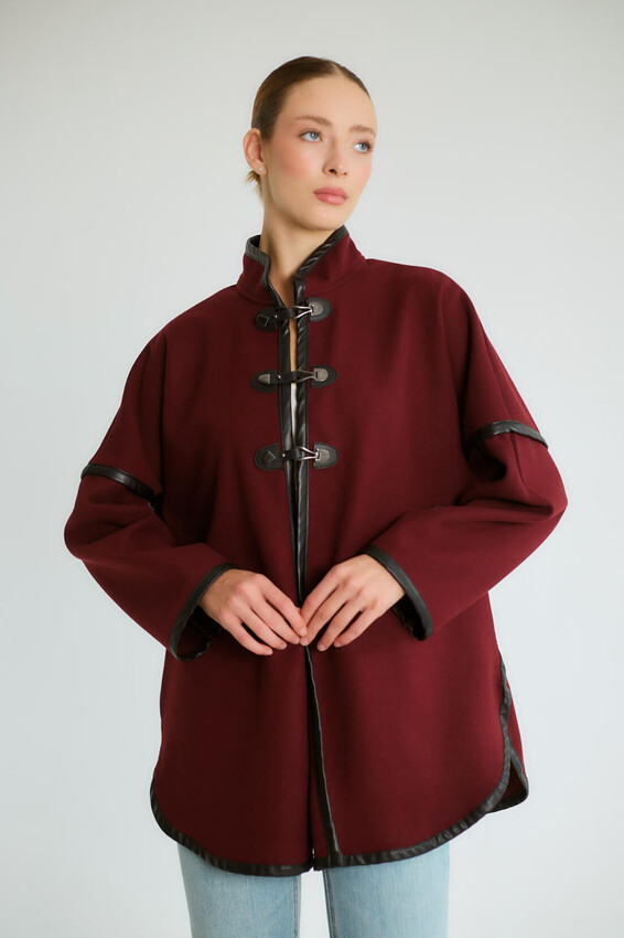 Mandarin Yaka Çıtçıtlı Pelerin Tipi - Mürdüm - 2
