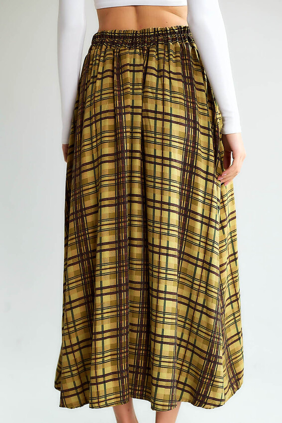 Ekose Desenli Tokalı Midi Etek - Olive - 4