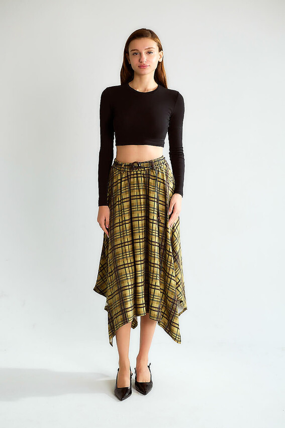 Ekose Asimetrik Midi Etek - Olive