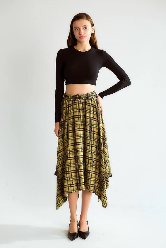 Ekose Asimetrik Midi Etek - Olive - 2