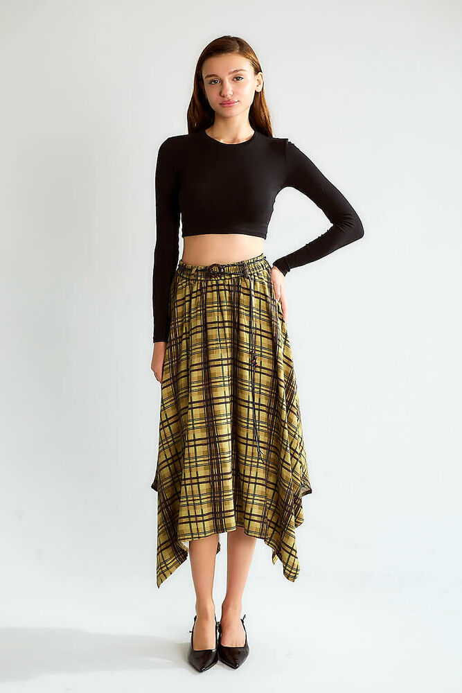 Ekose Asimetrik Midi Etek - Olive - 2