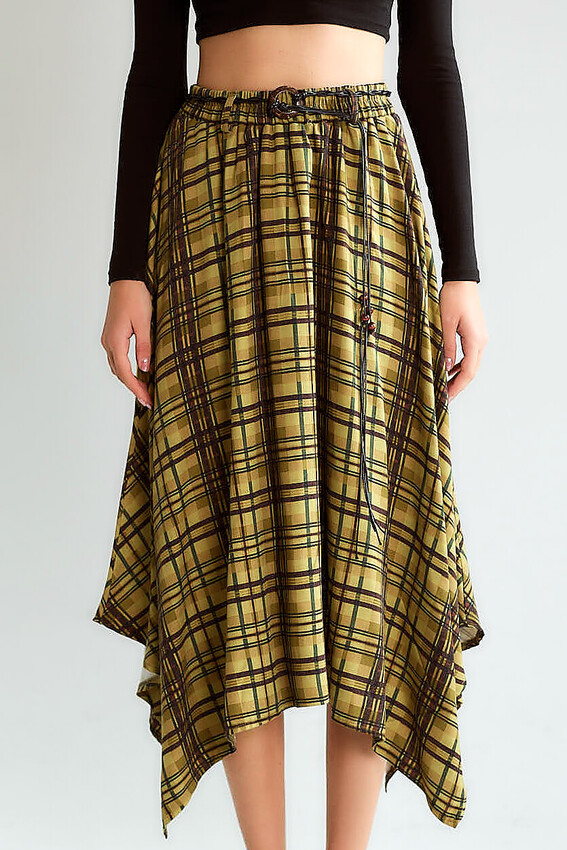 Ekose Asimetrik Midi Etek - Olive - 3