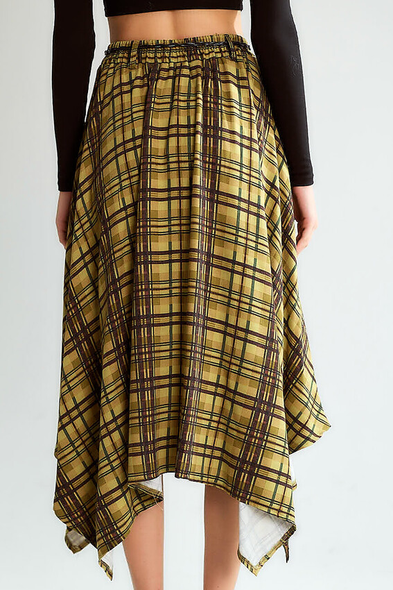 Ekose Asimetrik Midi Etek - Olive - 4