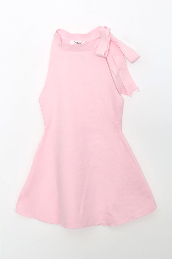 Tek Omuzlu Fiyonklu Örgü Mini Elbise - Pembe - 4