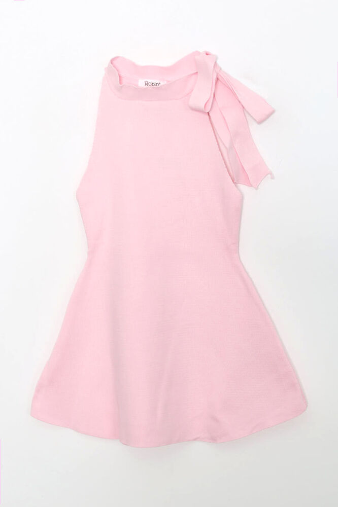 Tek Omuzlu Fiyonklu Örgü Mini Elbise - Pembe - 4