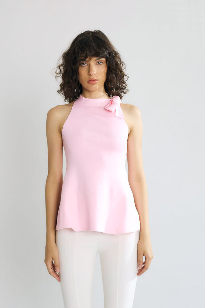 Tek Omuzlu Fiyonklu Örgü Mini Elbise - Pembe - 2