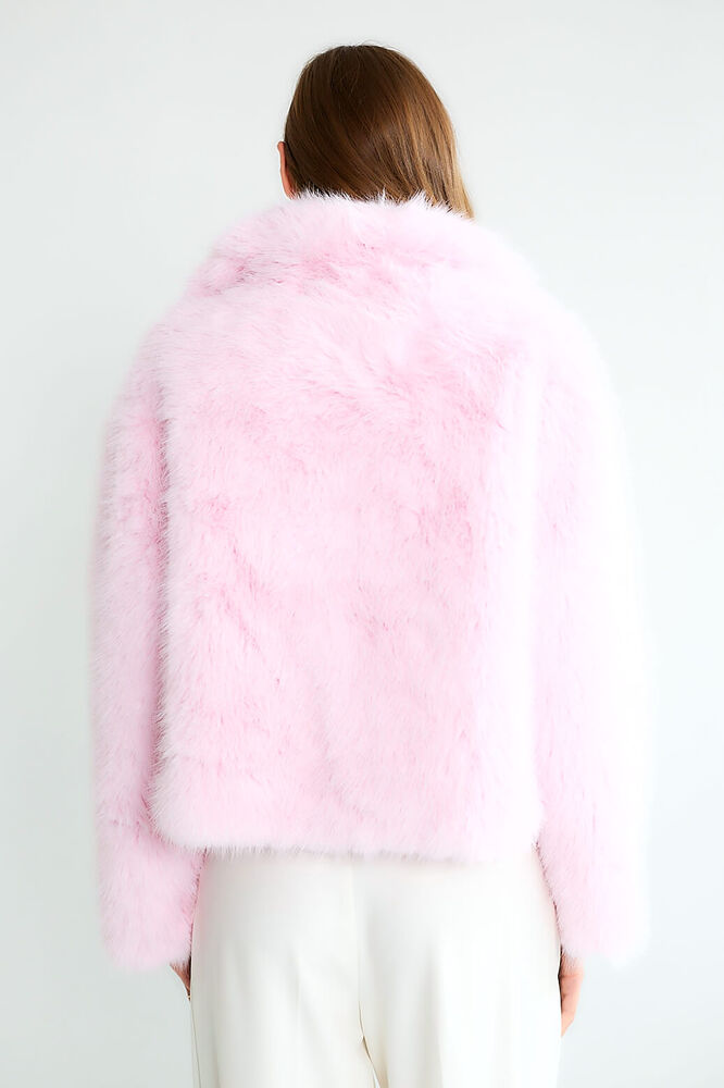 Kürk Dokulu Geniş Yakalı Pembe Kısa Mont - Pembe - 2