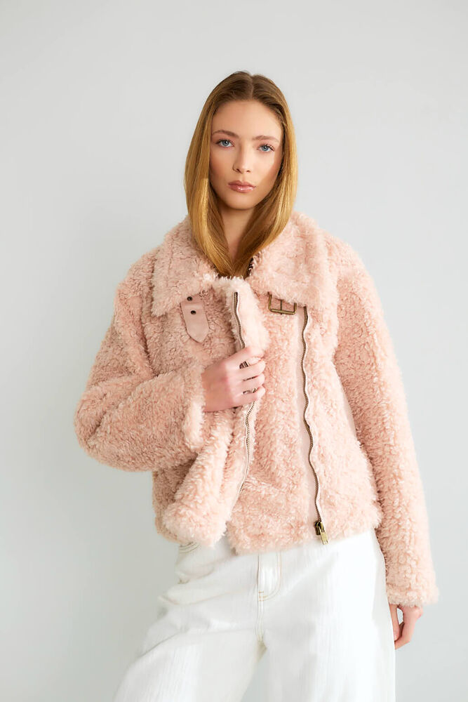 Peluş Dokulu Biker Tokalı Mont - Pembe - 1