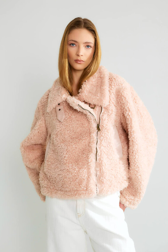 Peluş Dokulu Biker Tokalı Mont - Pembe - 2