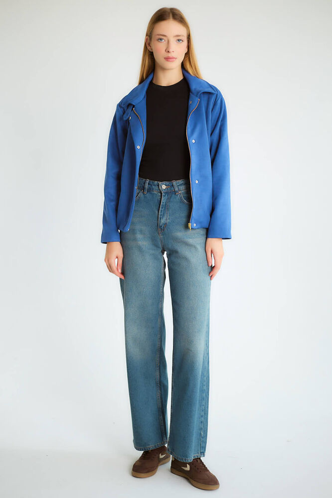 Gizli Fermuarlı Yakalı Bomber - Saks - 4