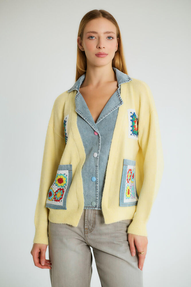 Çıtçıtlı Denim Yaka Detaylı Cepli Örgü Hırka - Sarı - 1