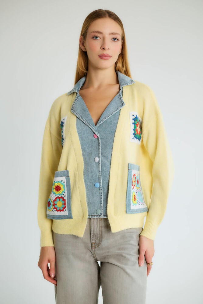 Çıtçıtlı Denim Yaka Detaylı Cepli Örgü Hırka - Sarı - 2