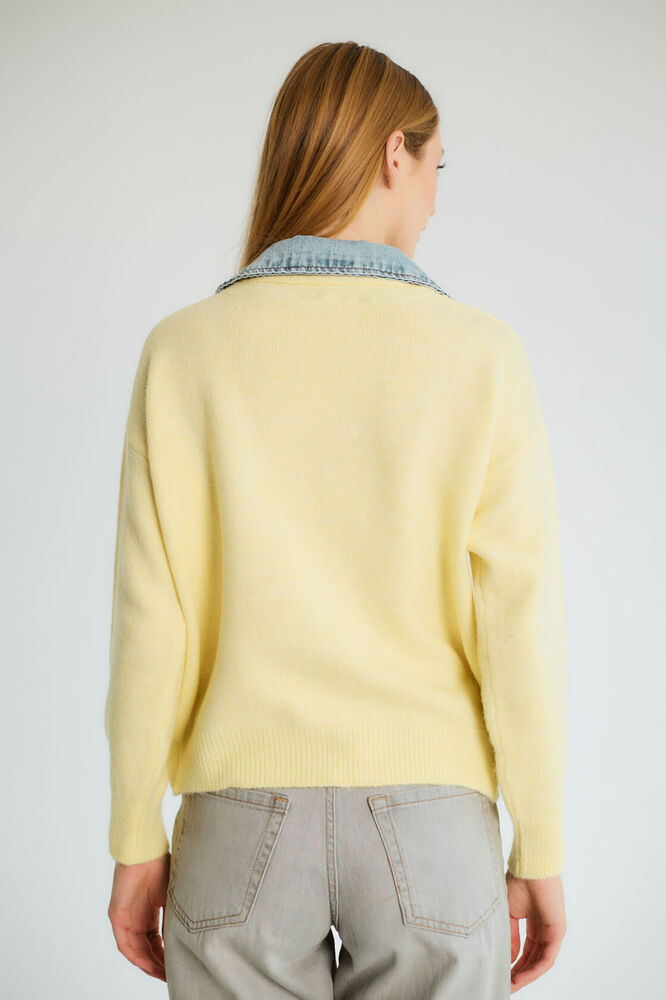 Çıtçıtlı Denim Yaka Detaylı Cepli Örgü Hırka - Sarı - 3